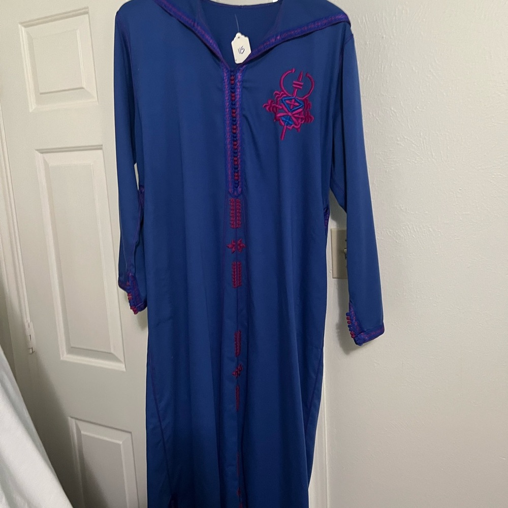 blue caftan with red print , super comfy with hoodie long dress